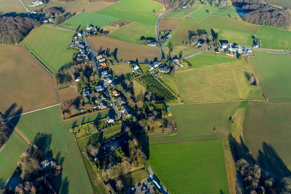 Ennepetal from above - Village view on the edge of agricultural fields and land along the Spreeler Weg in the district Koenigsfeld in Ennepetal in the state North Rhine-Westphalia, Germany