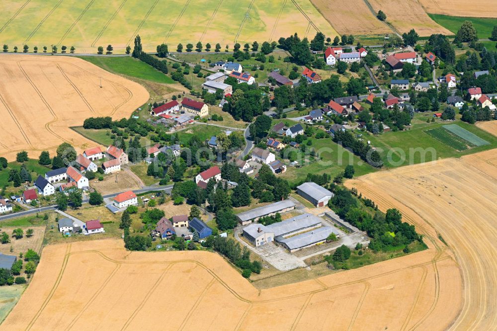 Falkenberg from above - Village view on the edge of agricultural fields and land in Falkenberg in the state Saxony, Germany