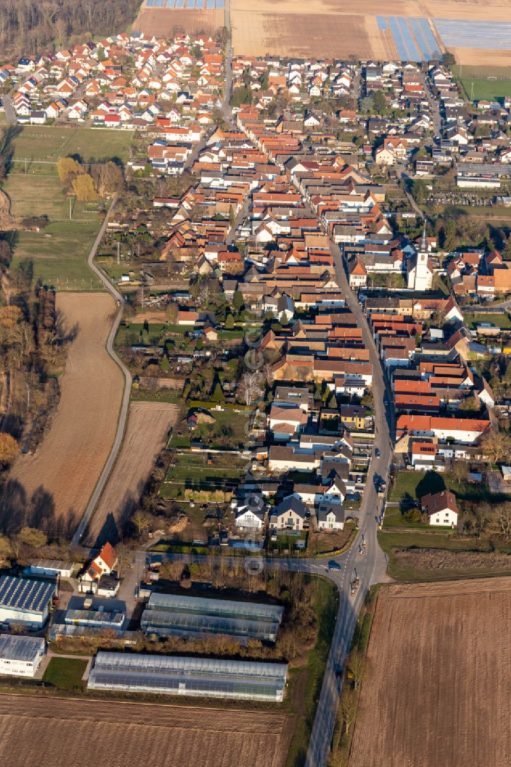 Freisbach from above - Village view on the edge of agricultural fields and land on street Hauptstrasse in Freisbach in the state Rhineland-Palatinate, Germany