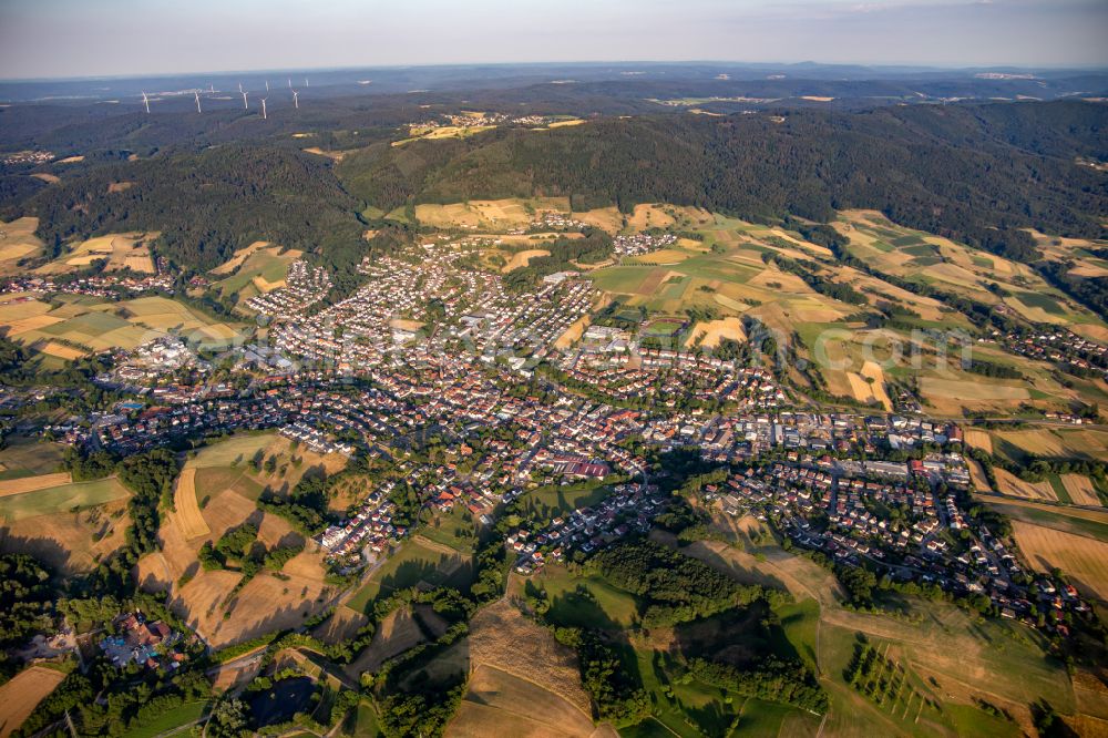 Aerial image Fürth - Village view on the edge of agricultural fields and land on street Erzbergstrasse in Fuerth in the state Hesse, Germany