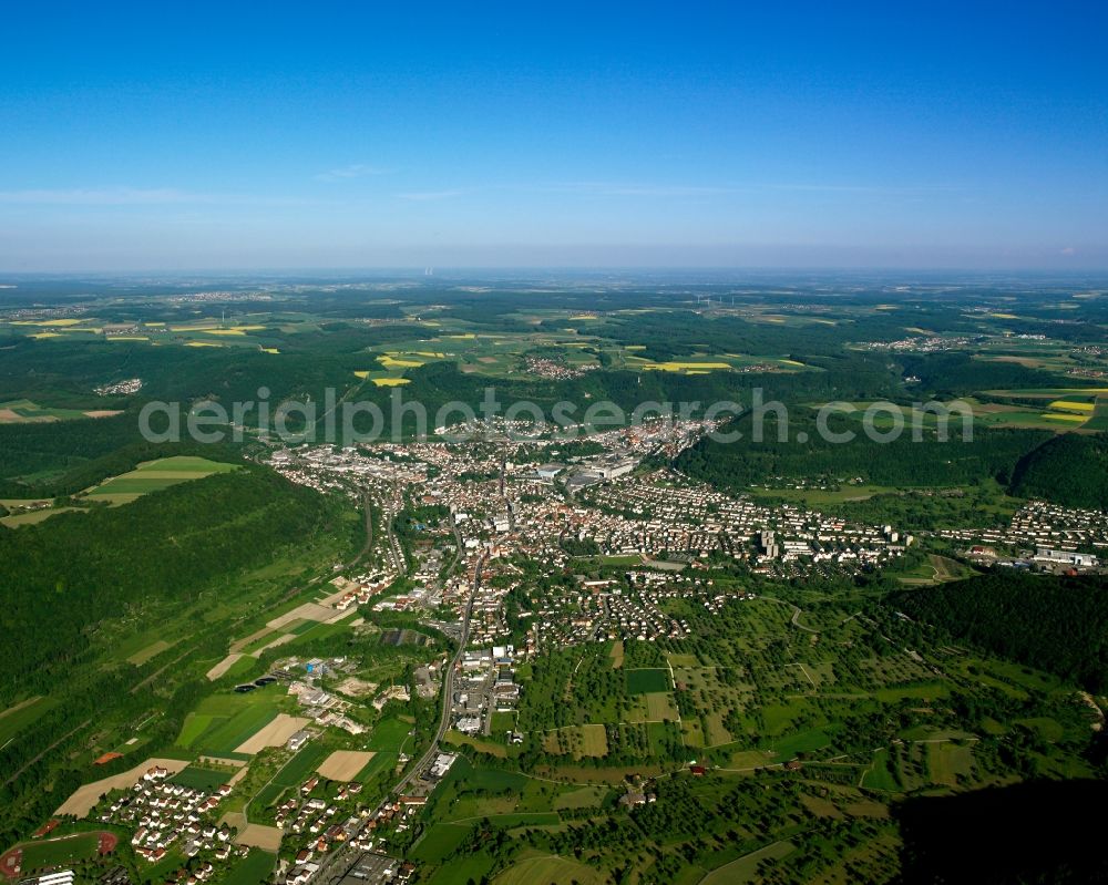 Geislingen an der Steige from above - Village view on the edge of agricultural fields and land in Geislingen an der Steige in the state Baden-Wuerttemberg, Germany