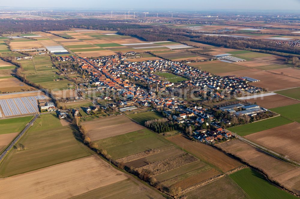 Gommersheim from above - Village view on the edge of agricultural fields and land in Gommersheim in the state Rhineland-Palatinate, Germany