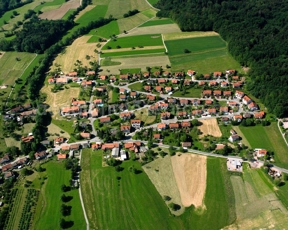 Grunholz from above - Village view on the edge of agricultural fields and land in Grunholz in the state Baden-Wuerttemberg, Germany