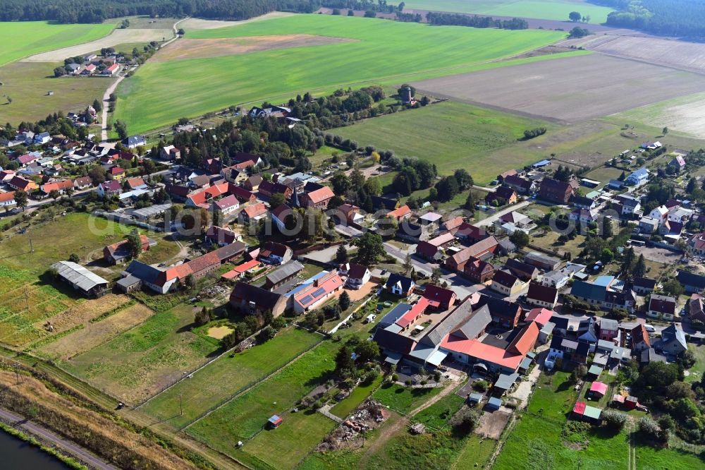 Aerial image Güsen - Village view on the edge of agricultural fields and land in Guesen in the state Saxony-Anhalt, Germany