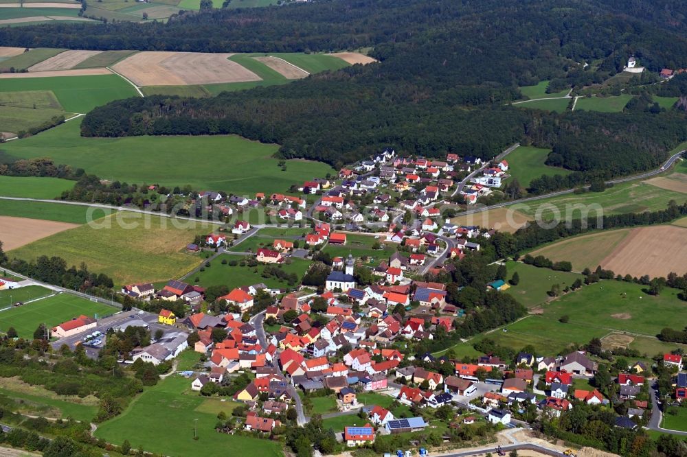 Gunzendorf from above - Village view on the edge of agricultural fields and land in Gunzendorf in the state Bavaria, Germany