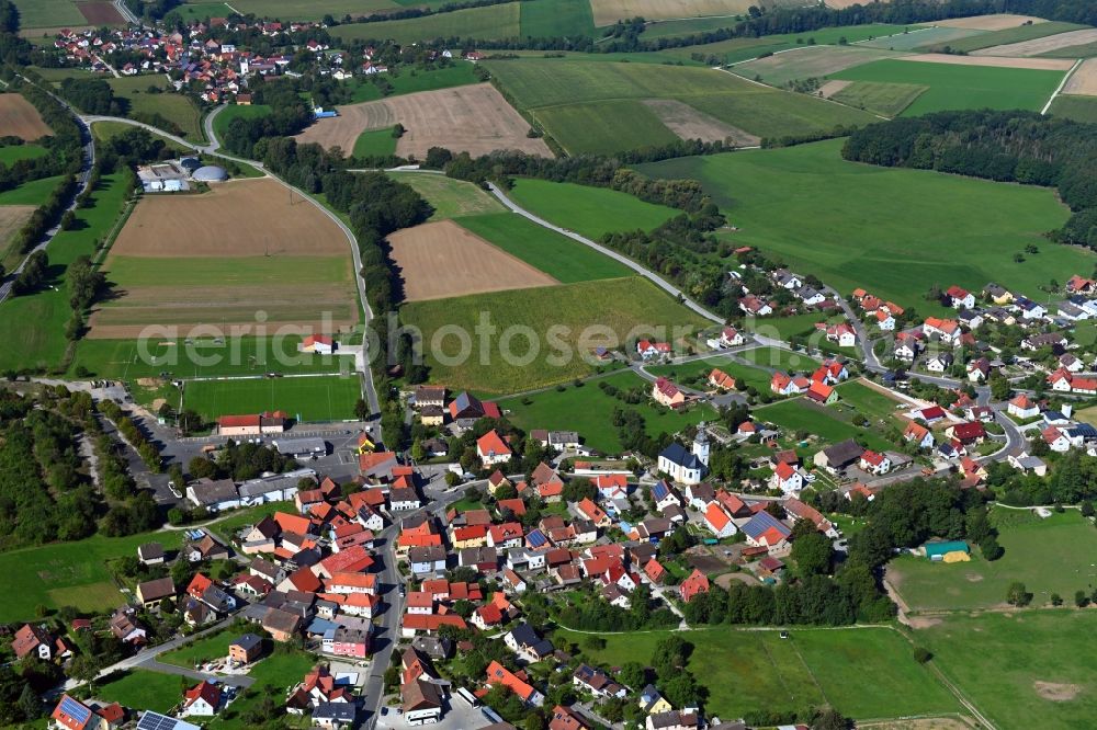Aerial image Gunzendorf - Village view on the edge of agricultural fields and land in Gunzendorf in the state Bavaria, Germany