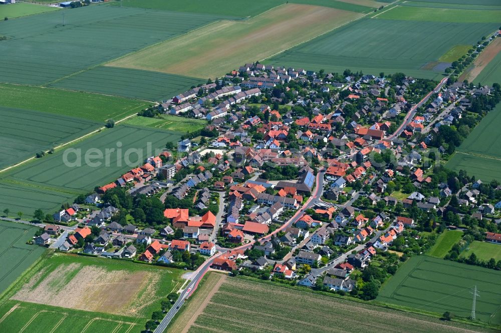 Aerial image Harenberg - Village view on the edge of agricultural fields and land in Harenberg in the state Lower Saxony, Germany