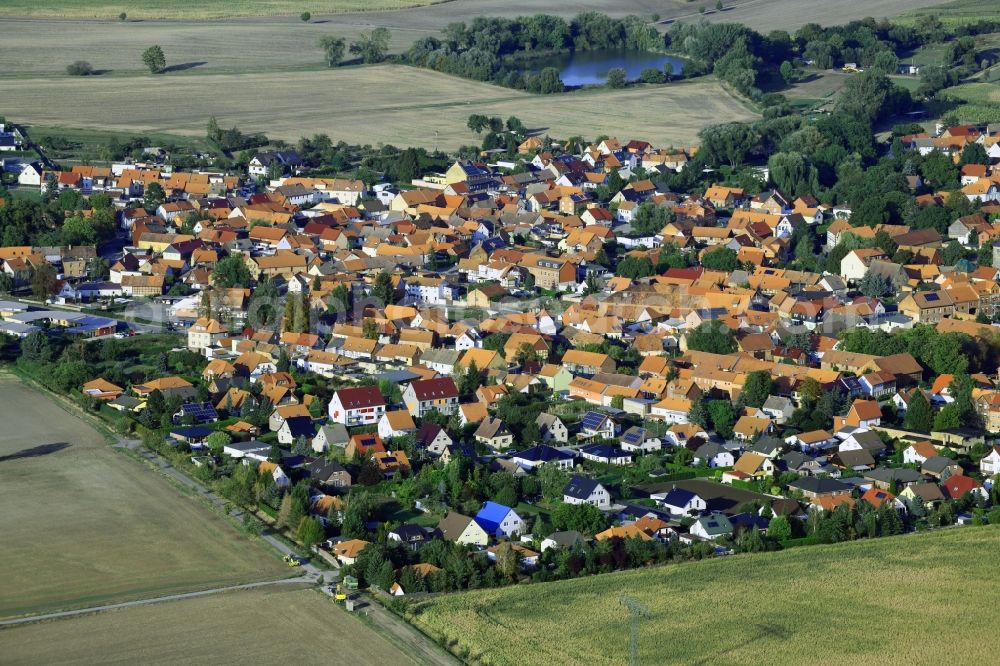 Harsleben from above - Village view on the edge of agricultural fields and land in Harsleben in the state Saxony-Anhalt, Germany
