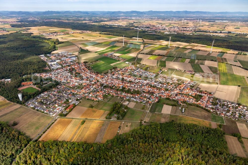 Hatzenbühl from above - Village view on the edge of agricultural fields and land in Hatzenbuehl in the state Rhineland-Palatinate, Germany