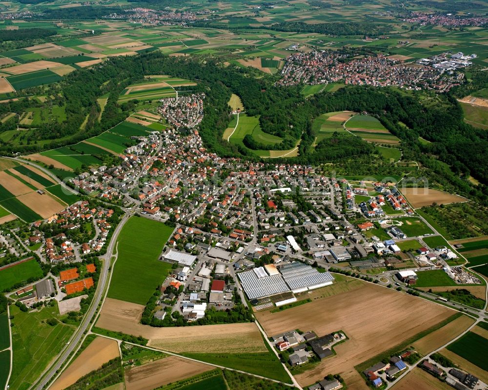 Aerial photograph Hegnach - Village view on the edge of agricultural fields and land in Hegnach in the state Baden-Wuerttemberg, Germany
