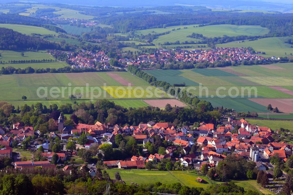 Aerial image Herleshausen - Village view on the edge of agricultural fields and land in Herleshausen in the state Hesse, Germany