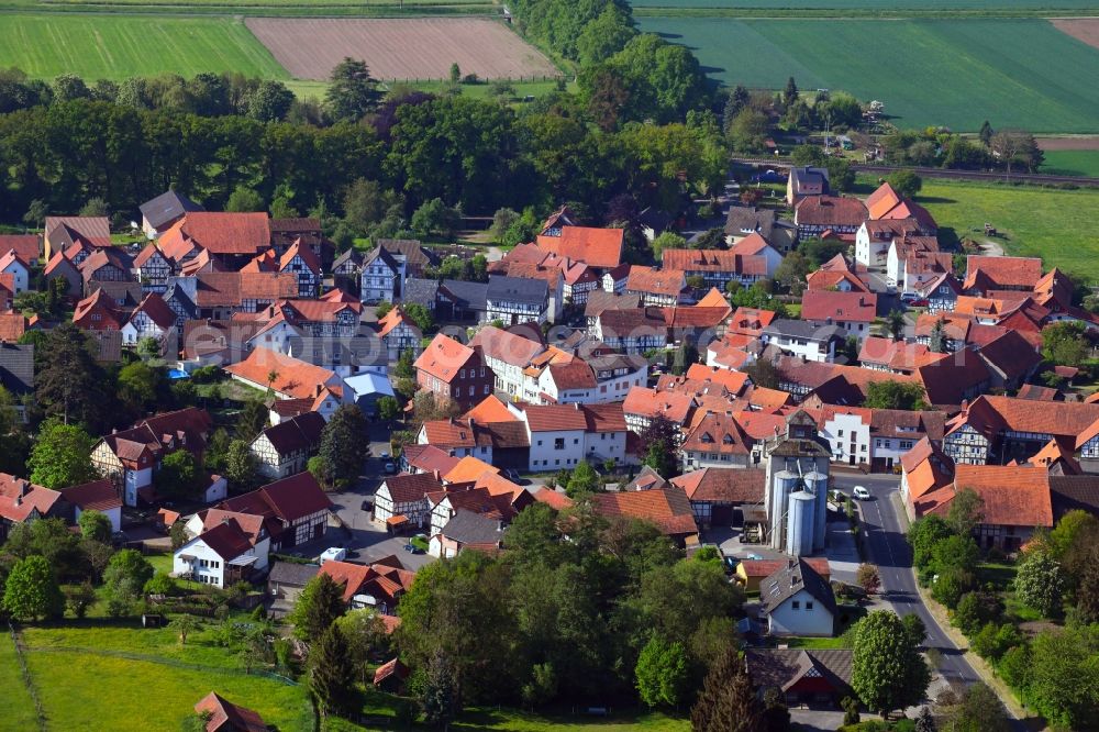 Herleshausen from above - Village view on the edge of agricultural fields and land in Herleshausen in the state Hesse, Germany