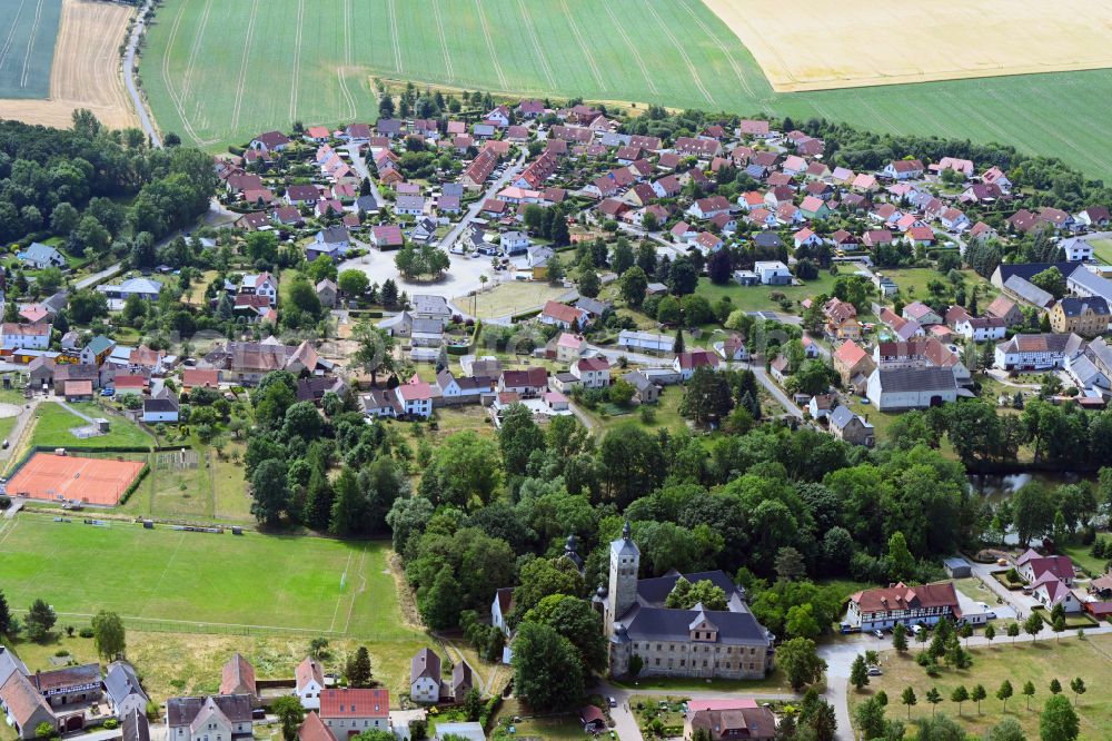 Hermsdorf from above - Village view on the edge of agricultural fields and land in Hermsdorf in the state Thuringia, Germany