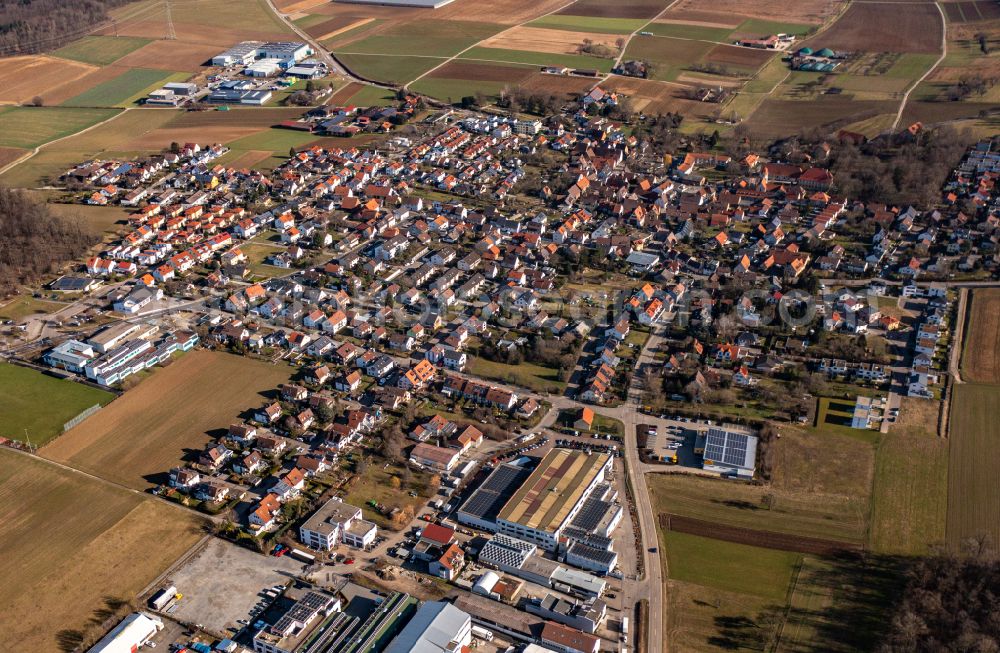 Aerial photograph Hochdorf - Village view on the edge of agricultural fields and land on street K1686 in Hochdorf in the state Baden-Wuerttemberg, Germany