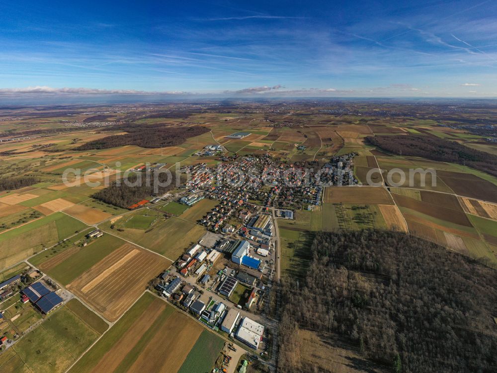 Hochdorf from the bird's eye view: Village view on the edge of agricultural fields and land on street K1686 in Hochdorf in the state Baden-Wuerttemberg, Germany