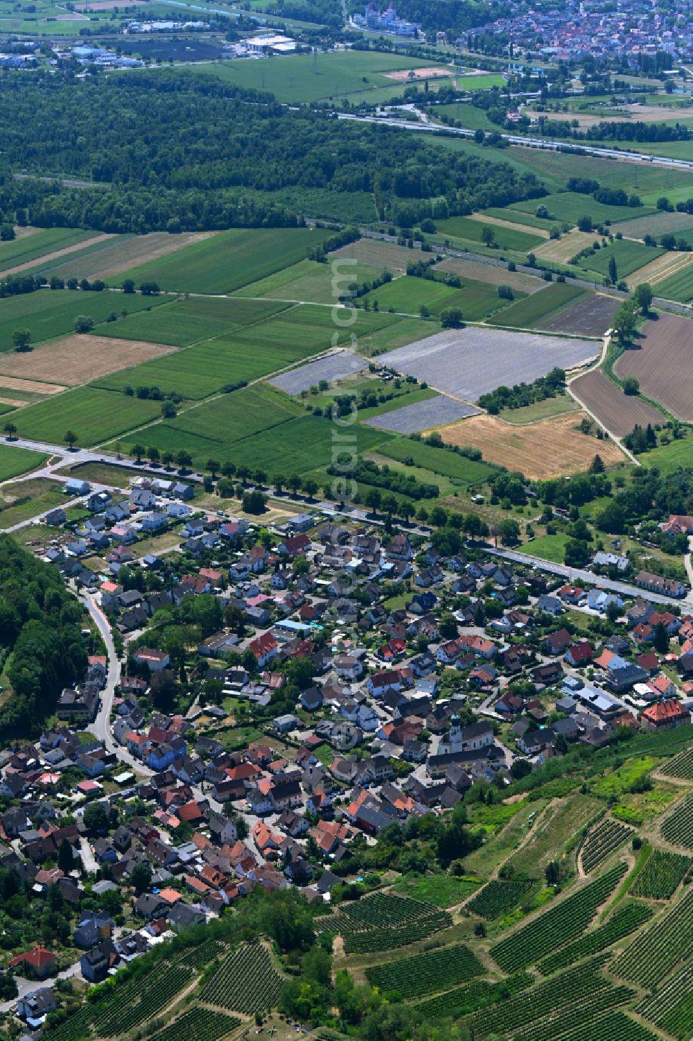 Kenzingen from above - Village view on the edge of agricultural fields and land in Kenzingen in the state Baden-Wuerttemberg, Germany