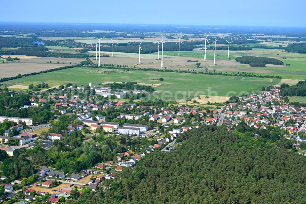Klosterfelde from the bird's eye view: Village view on the edge of agricultural fields and land in Klosterfelde in the state Brandenburg, Germany
