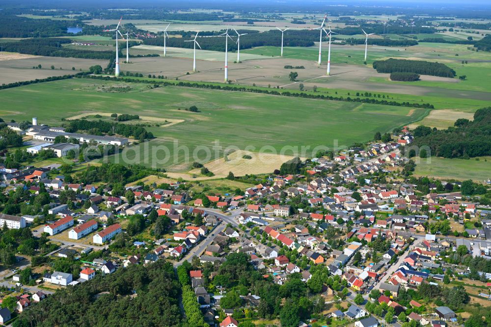 Klosterfelde from above - Village view on the edge of agricultural fields and land in Klosterfelde in the state Brandenburg, Germany
