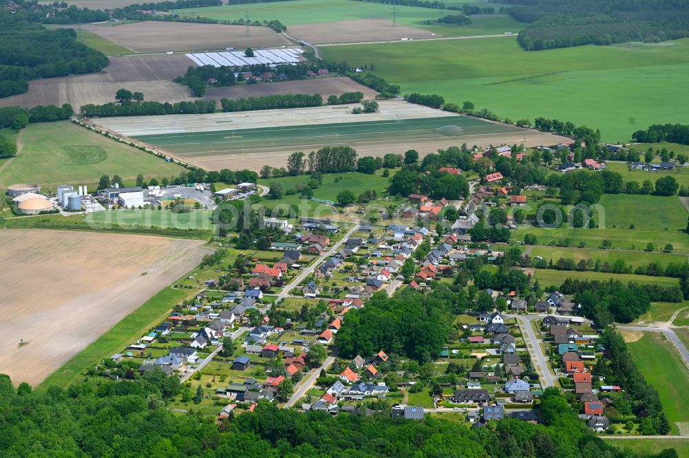 Kogel from the bird's eye view: Village view on the edge of agricultural fields and land in Kogel in the state Mecklenburg - Western Pomerania, Germany
