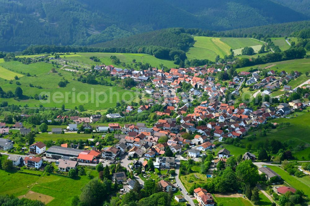 Kortelshütte from above - Village view on the edge of agricultural fields and land in Kortelshütte in the state Hesse, Germany