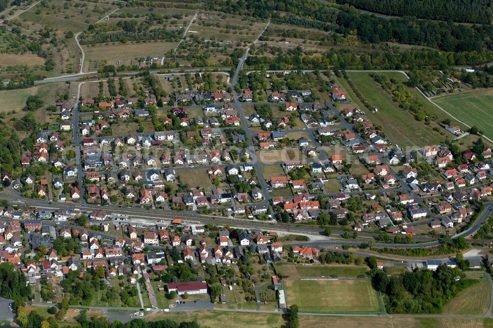 Aerial image Langenprozelten - Village view on the edge of agricultural fields and land in Langenprozelten in the state Bavaria, Germany