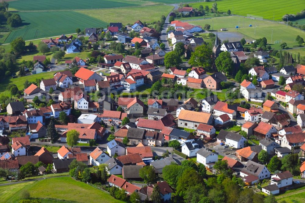 Aerial photograph Langenschwarz - Village view on the edge of agricultural fields and land in Langenschwarz in the state Hesse, Germany