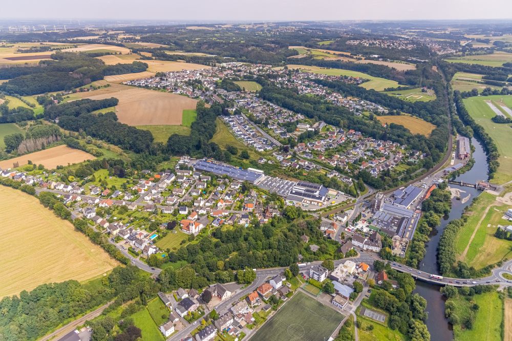 Aerial image Langschede - Village view on the edge of agricultural fields and land in Langschede in the state North Rhine-Westphalia, Germany