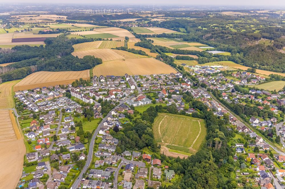 Langschede from above - Village view on the edge of agricultural fields and land in Langschede in the state North Rhine-Westphalia, Germany