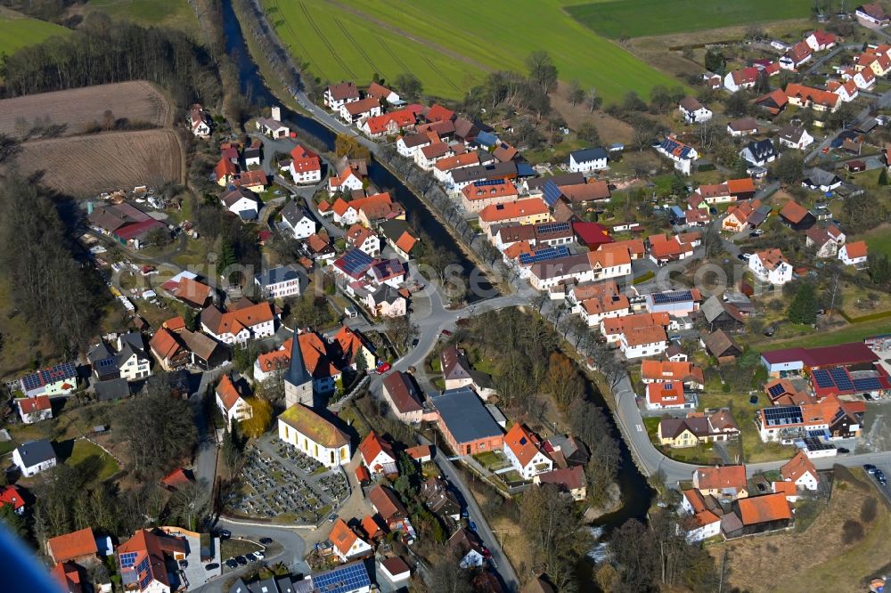 Aerial image Lanzendorf - Village view on the edge of agricultural fields and land in Lanzendorf in the state Bavaria, Germany