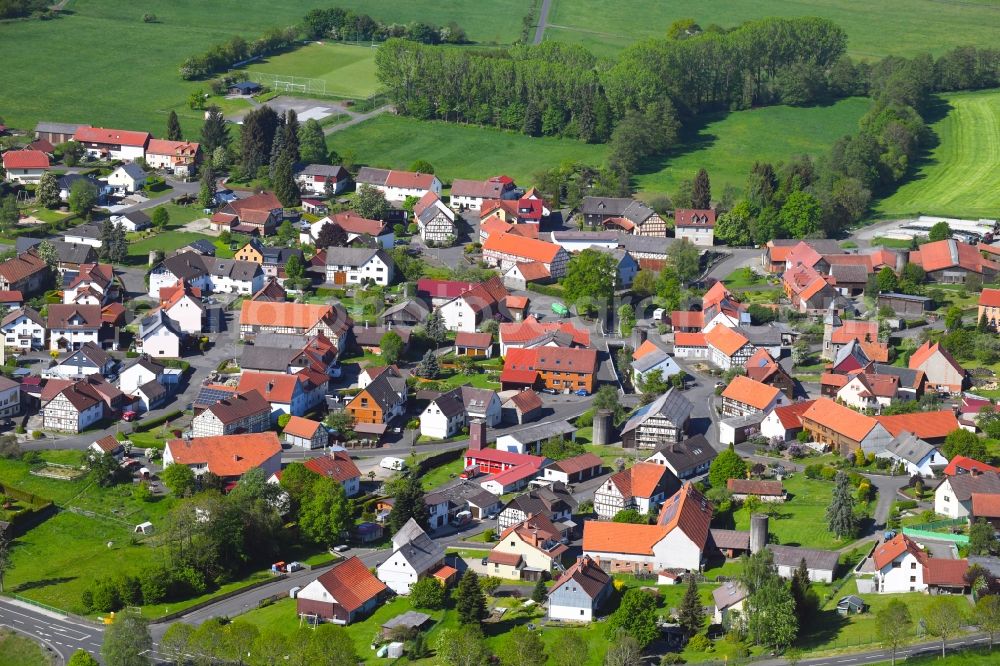 Aerial image Lanzenhain - Village view on the edge of agricultural fields and land in Lanzenhain in the state Hesse, Germany