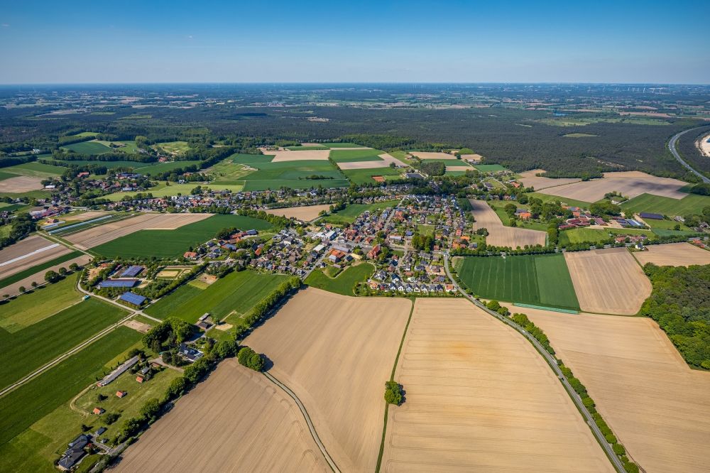 Lavesum from above - Town view on the edge of agricultural fields and usable areas in Lavesum in the state North Rhine-Westphalia, Germany