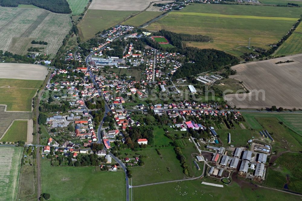 Löwenberger Land from the bird's eye view: Village view on the edge of agricultural fields and land in Loewenberger Land in the state Brandenburg, Germany