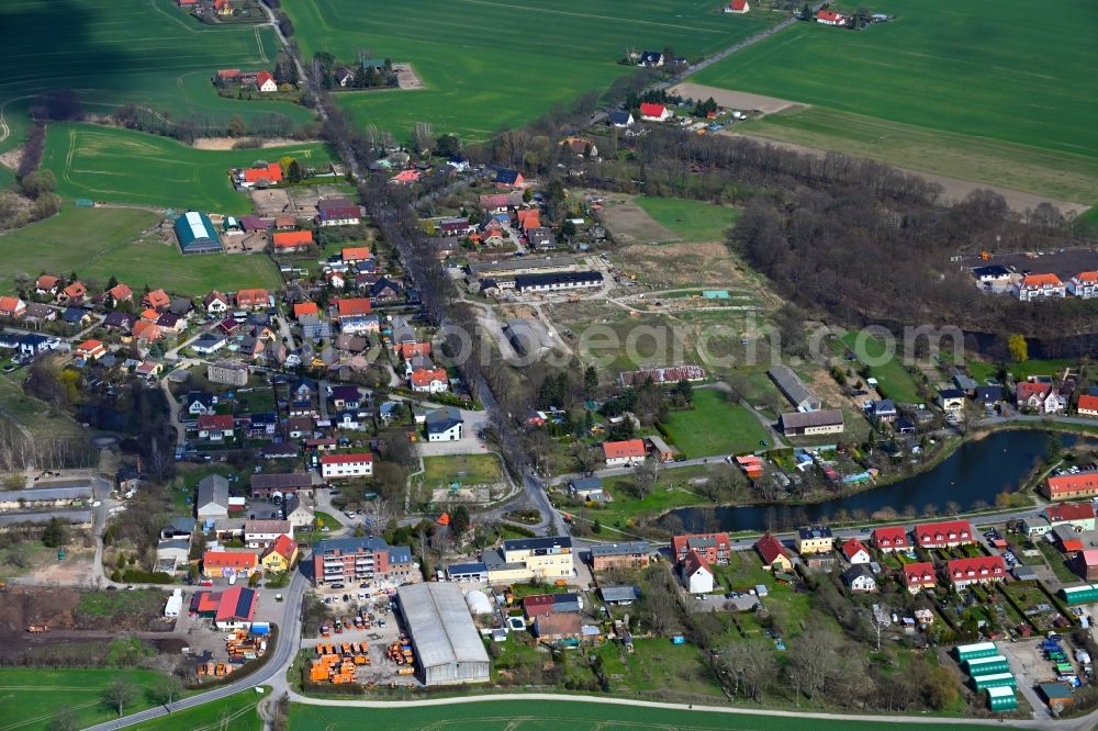 Aerial image Mehrow - Village view on the edge of agricultural fields and land in Mehrow in the state Brandenburg, Germany