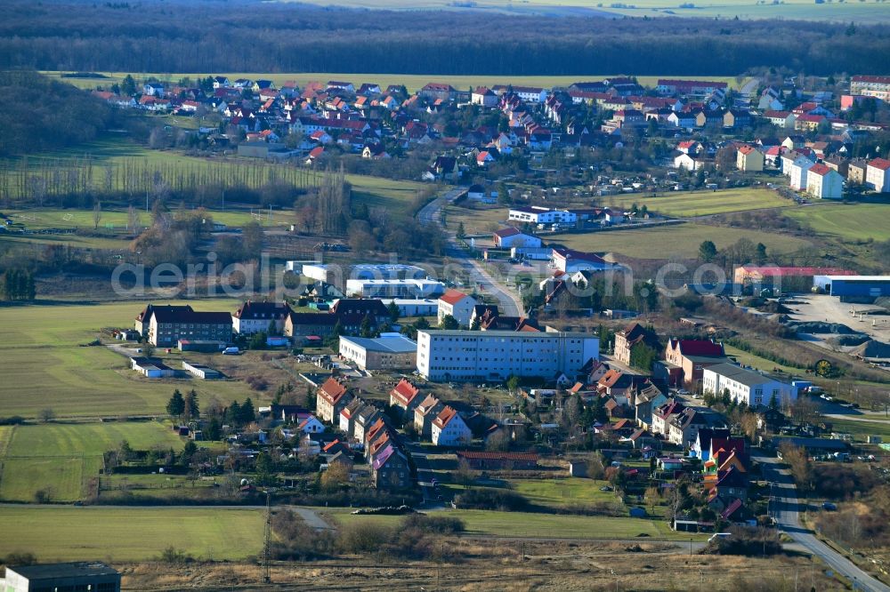 Menteroda from above - Village view on the edge of agricultural fields and land in Menteroda in the state Thuringia, Germany