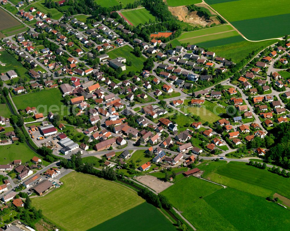 Aerial photograph Mietingen - Village view on the edge of agricultural fields and land in Mietingen in the state Baden-Wuerttemberg, Germany