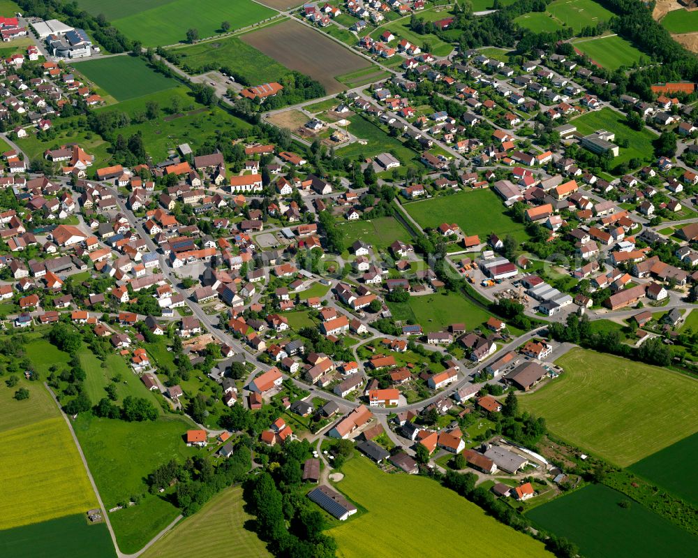 Mietingen from above - Village view on the edge of agricultural fields and land in Mietingen in the state Baden-Wuerttemberg, Germany