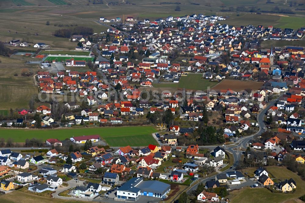 Aerial image Mistelgau - Village view on the edge of agricultural fields and land in Mistelgau in the state Bavaria, Germany