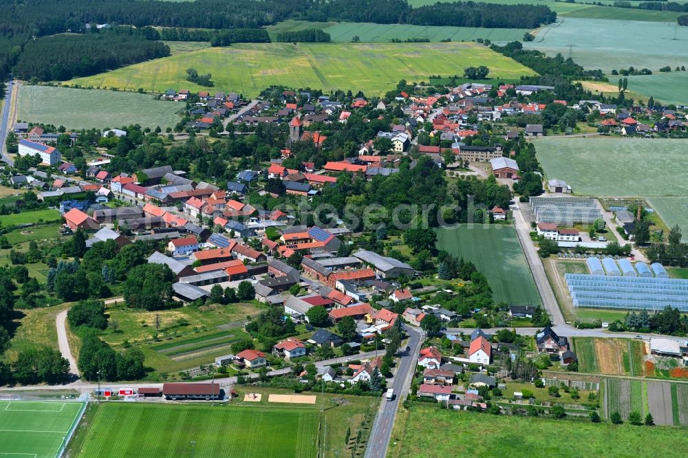 Möringen from the bird's eye view: Village view on the edge of agricultural fields and land in Moeringen in the state Saxony-Anhalt, Germany