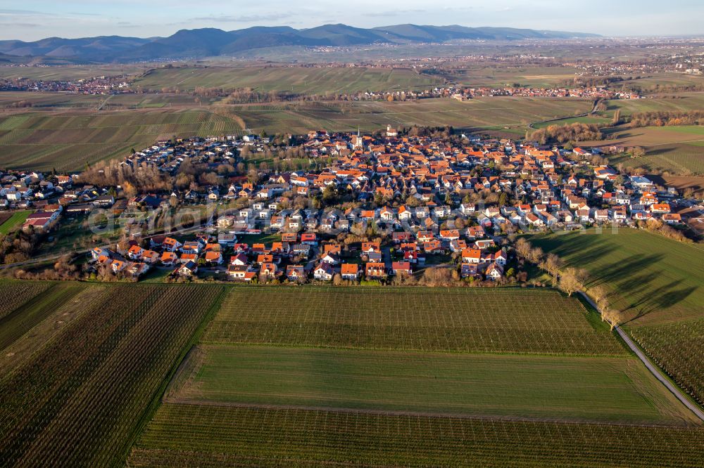 Aerial image Mörzheim - Village view on the edge of agricultural fields and land in Moerzheim in the state Rhineland-Palatinate, Germany