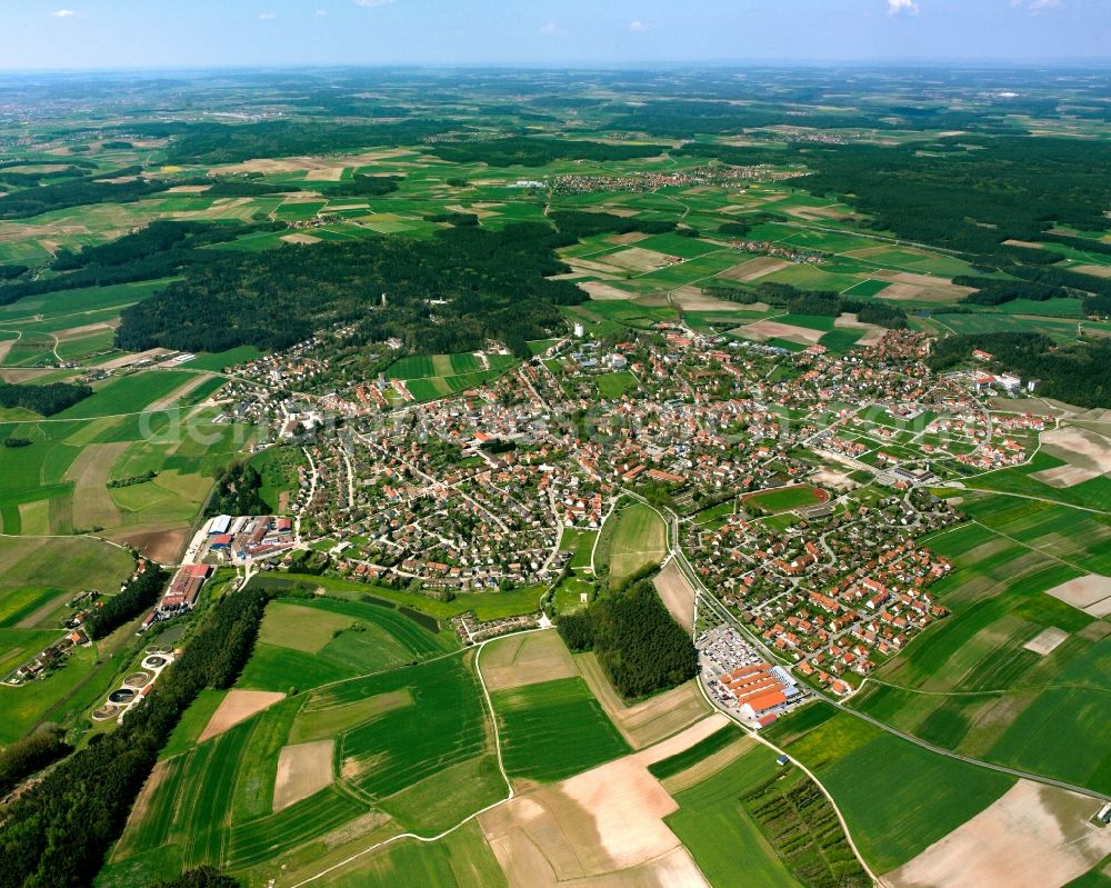 Neuendettelsau from above - Village view on the edge of agricultural fields and land in Neuendettelsau in the state Bavaria, Germany