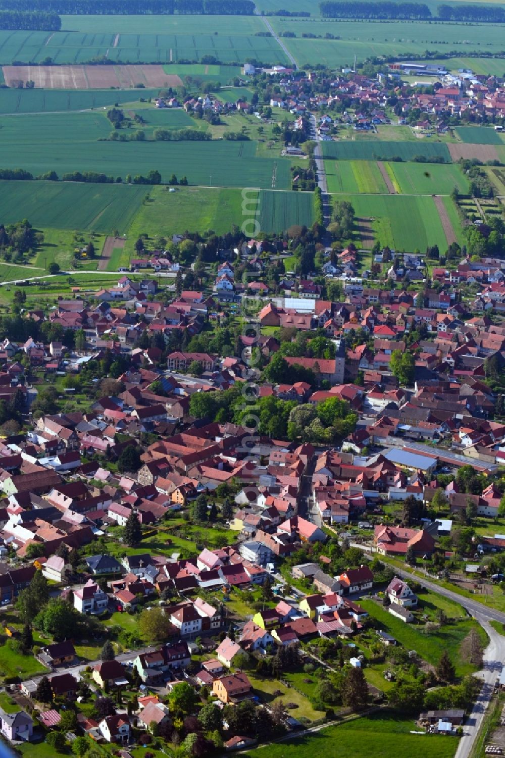 Aerial photograph Oberdorla - Village view on the edge of agricultural fields and land in Oberdorla in the state Thuringia, Germany