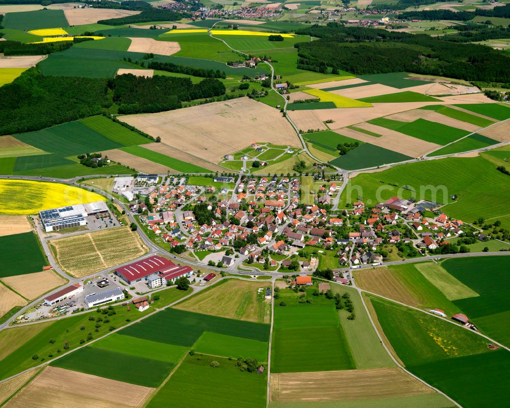 Oberessendorf from above - Village view on the edge of agricultural fields and land in Oberessendorf in the state Baden-Wuerttemberg, Germany