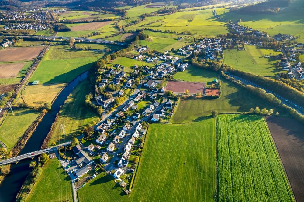 Olpe from above - Village view on the edge of agricultural fields and land in Olpe in the state North Rhine-Westphalia, Germany