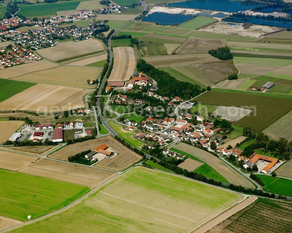 Atting from above - Village view on the edge of agricultural fields and land in the district Rinkam in Atting in the state Bavaria, Germany