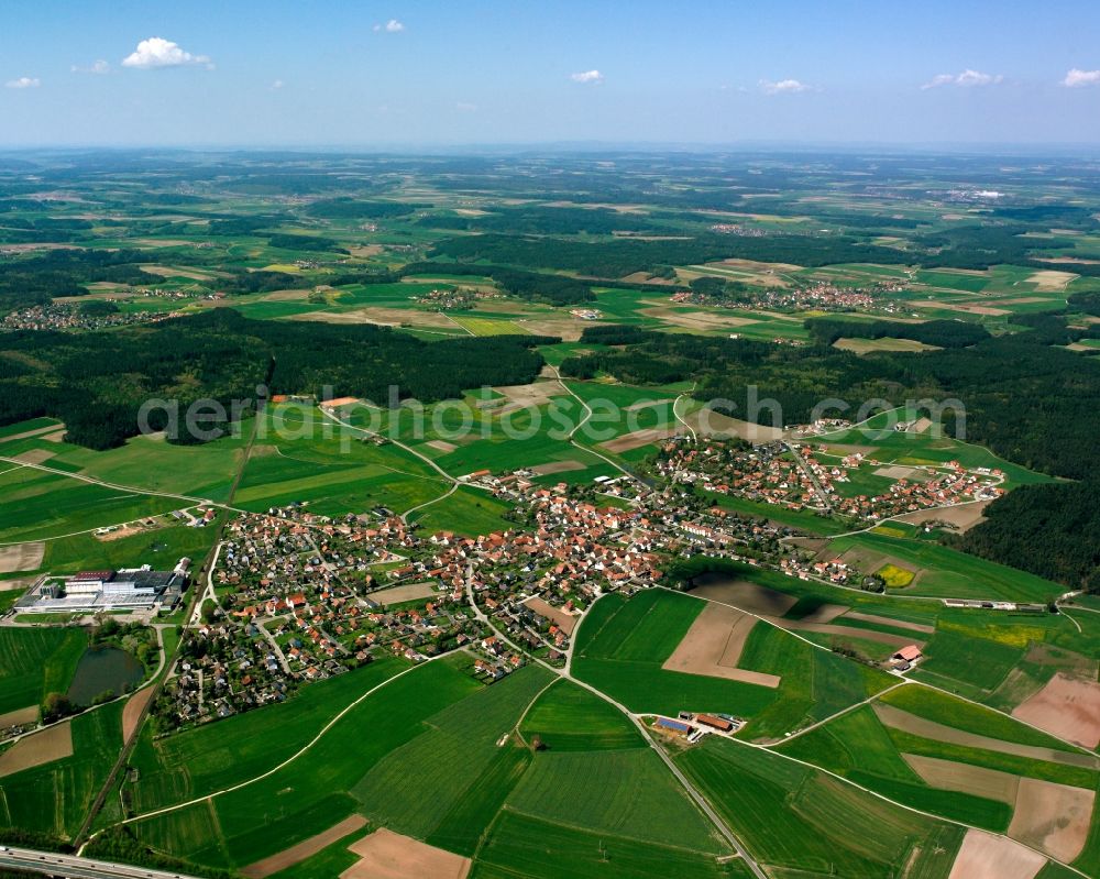 Aerial image Petersaurach - Village view on the edge of agricultural fields and land in Petersaurach in the state Bavaria, Germany