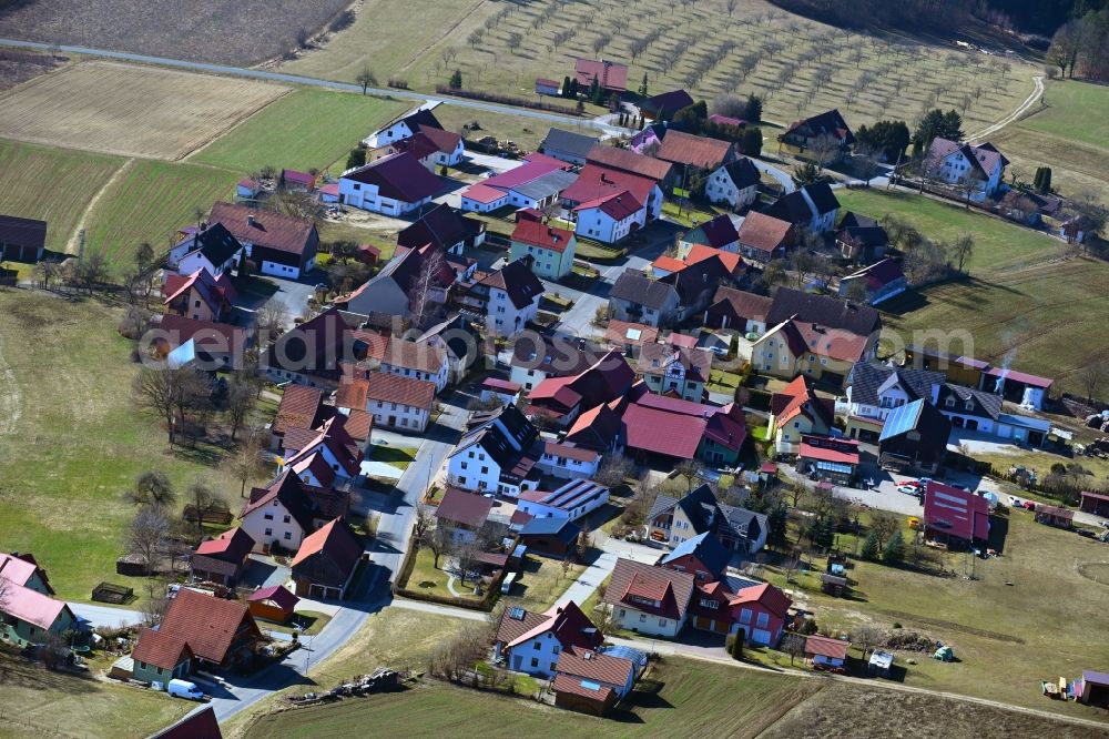 Pfaffenberg from above - Village view on the edge of agricultural fields and land in Pfaffenberg in the state Bavaria, Germany