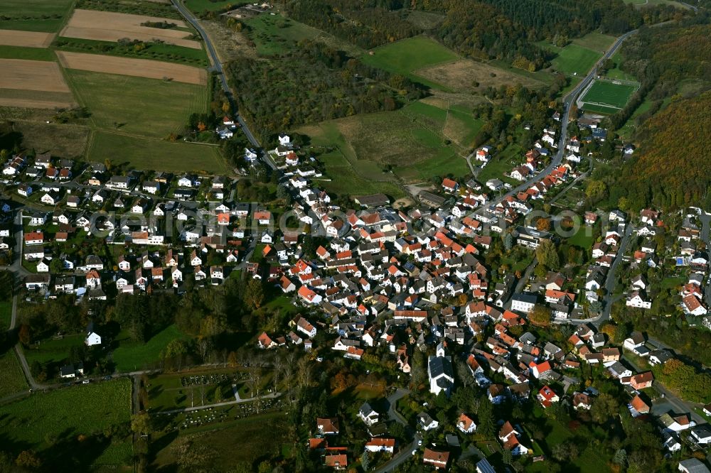 Aerial image Pfaffenwiesbach - Village view on the edge of agricultural fields and land in Pfaffenwiesbach in the state Hesse, Germany