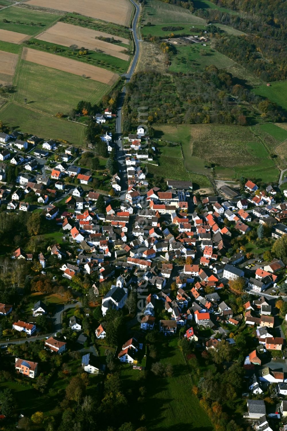 Pfaffenwiesbach from above - Village view on the edge of agricultural fields and land in Pfaffenwiesbach in the state Hesse, Germany