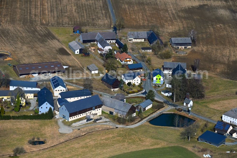 Plösen from above - Village view on the edge of agricultural fields and land in Ploesen in the state Bavaria, Germany