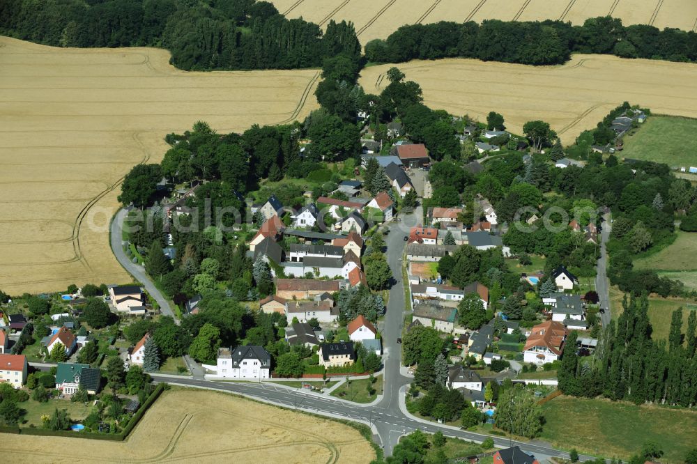 Pönitz from the bird's eye view: Village view on the edge of agricultural fields and land on street Alte Dorfstrasse in Poenitz in the state Saxony, Germany